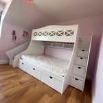 Double bed and single bed bunk with slide and shelves