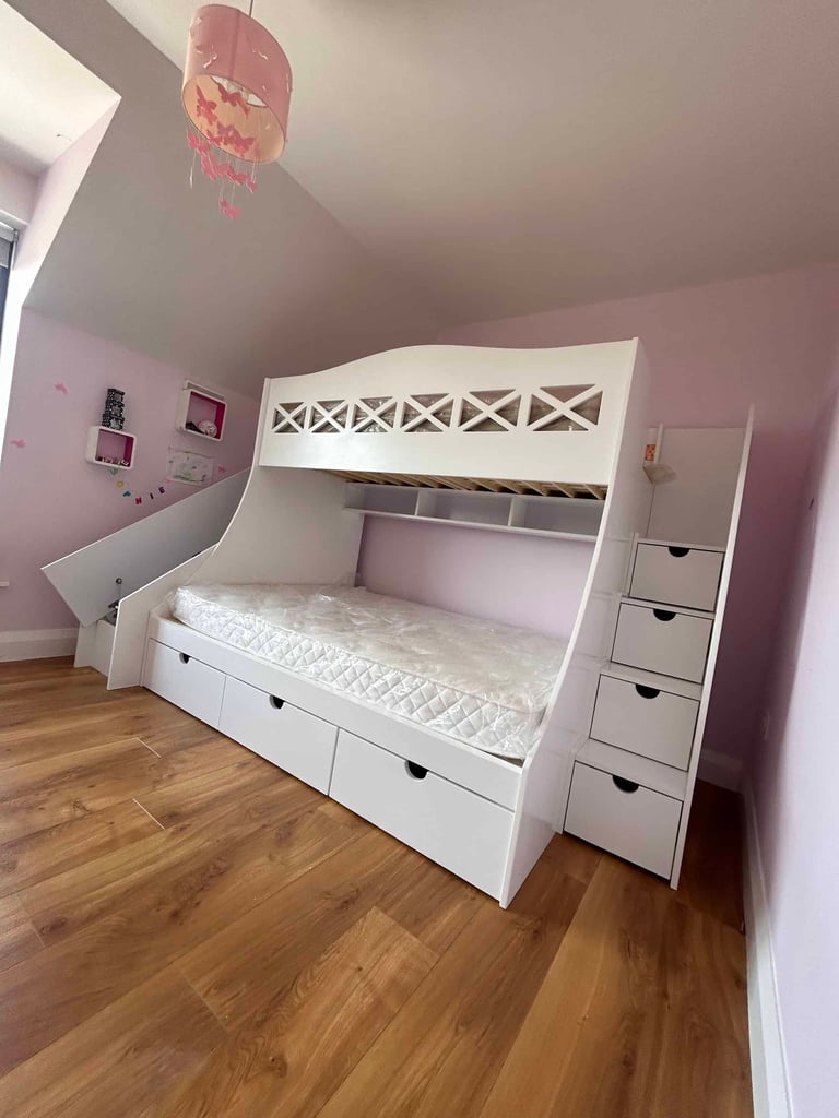 Double bed and single bed bunk with slide and shelves