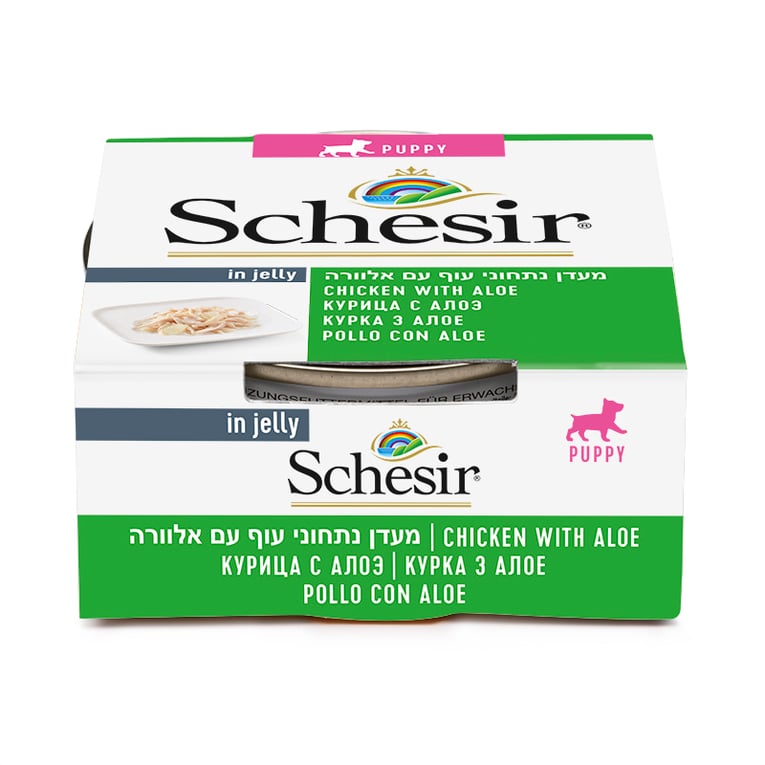 שזיר מעדן פילה עוף במתבל אלוורה גורים 150 גרם- Schesir Chiken&Aloe Puppy