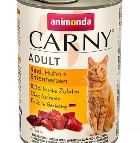 קרני בקר עוף ולבבות ברווז חתול בוגר 400 גרם - Carny Beef, Chicken & Duck Hearts Adult