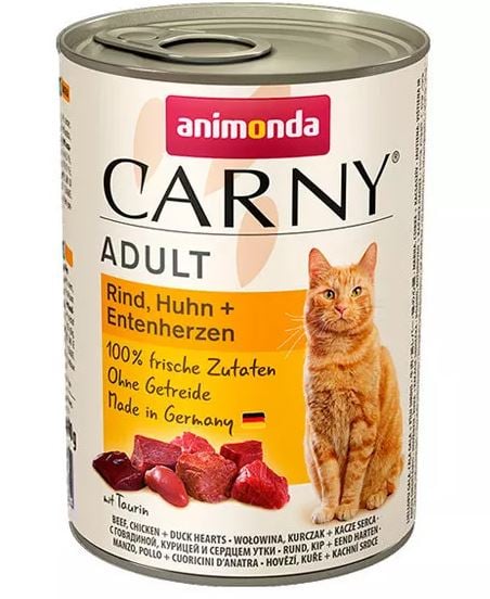 קרני בקר עוף ולבבות ברווז חתול בוגר 400 גרם - Carny Beef, Chicken & Duck Hearts Adult