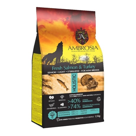 אמברוסיה סניור גזע קטן סטרלייז לייט סלמון והודו 1.5 ק"ג - Ambrosia Senior small breed salmon and turkey