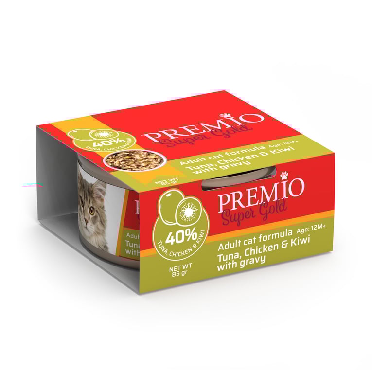 שימור פרמיו סופר גולד טונה, נתחי עוף וקיוי ברוטב 85 גרם