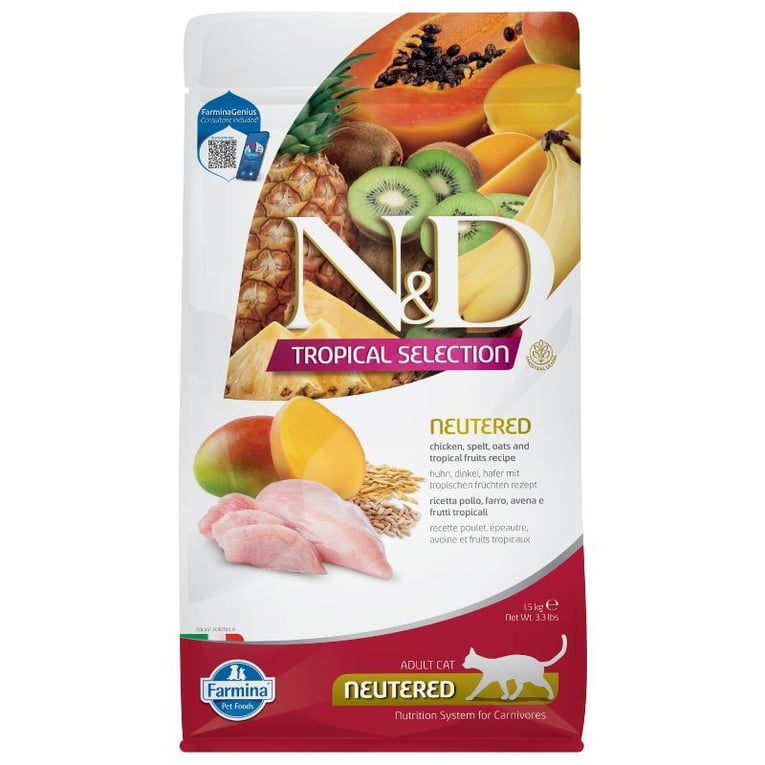 נטורל אנד דלישס טרופיקל עוף חתול מסורס 1.5 ק”ג – N&D Tropical Chicken Neutered Cat