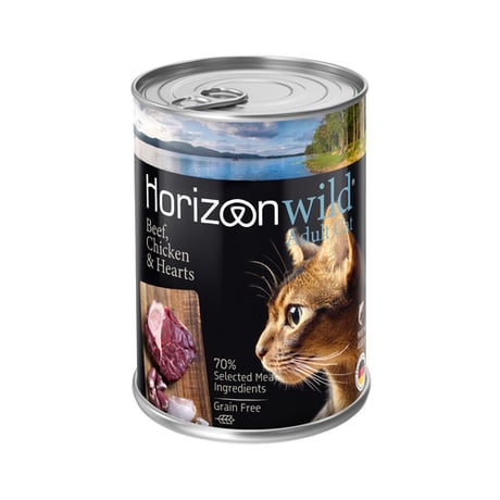 שימורים מזון מלא ומאוזן לחתול בוגר הורייזן בקר עוף ולבבות 400 גרם