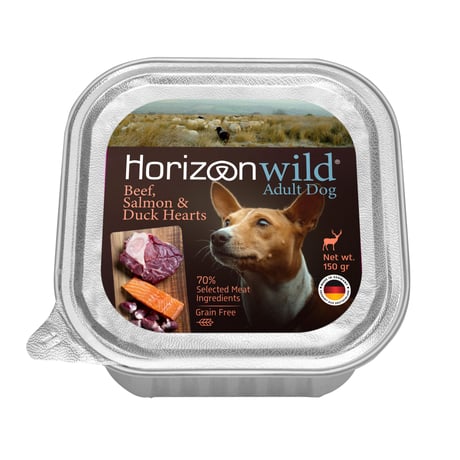 מעדן הורייזן בקר,סלמון ולבבות ברווז לכלב 150גרם