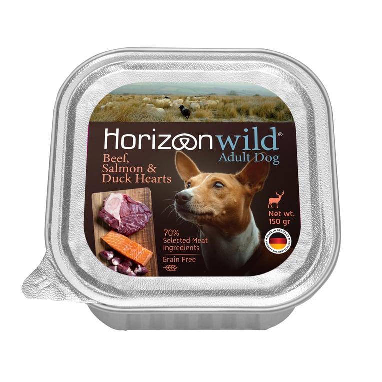 הורייזן בקר סלמון ולבבות ברווז לכלב 150 גרם