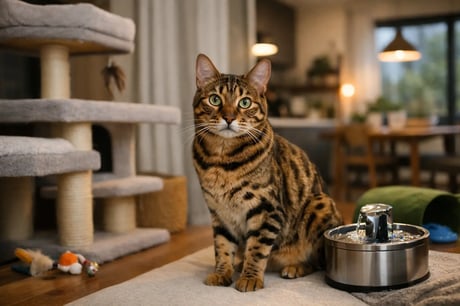 חתול נמרי בנגלי מנומר יושב בבית ומביט קדימה