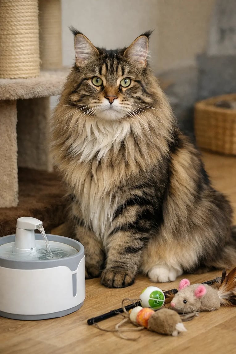 חתול מיין קון גדול עם פרווה ארוכה יושב בבית ליד צעצוע חתולים