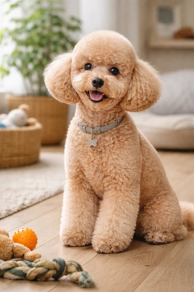 כלב פודל מתולתל אחרי תספורת יושב בבית באור טבעי