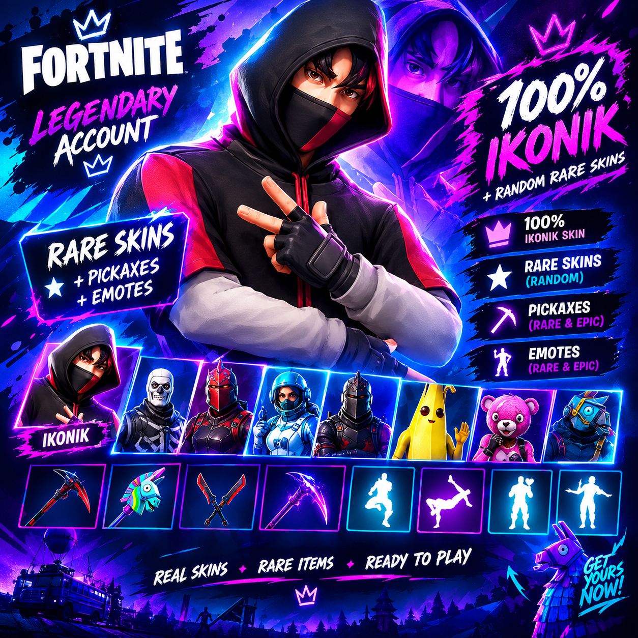 Fortnite Account With 100% Ikonik + Random Rare Skins, Pickaxes, Emotes.