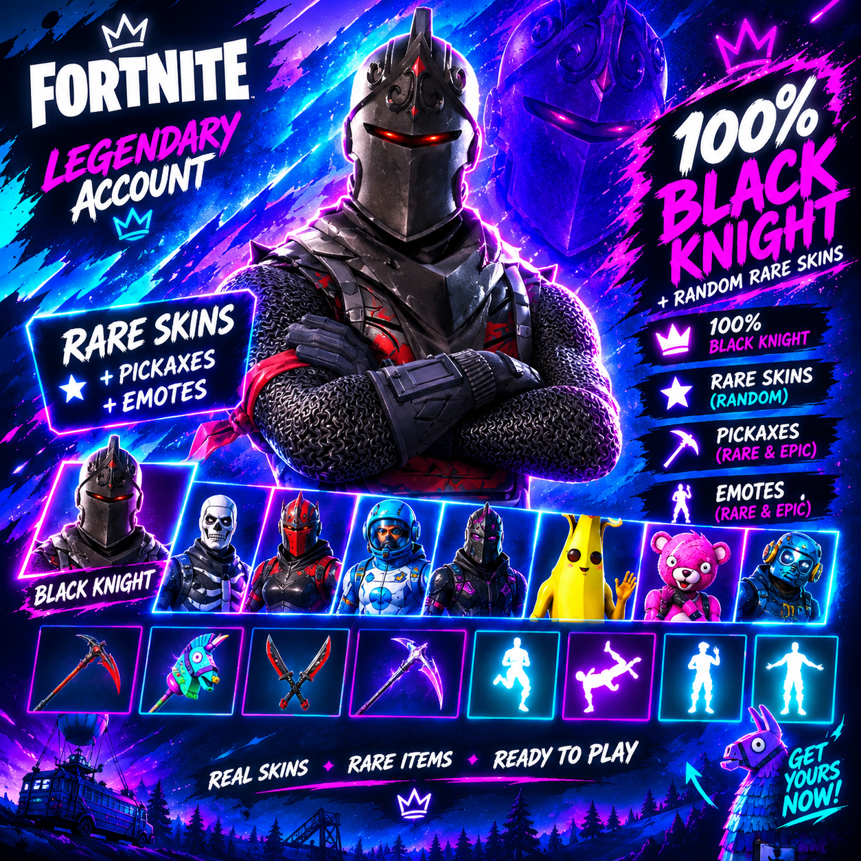 Fortnite Account With 100% Black Knight + Random Rare Skins, Pickaxes, Emotes.