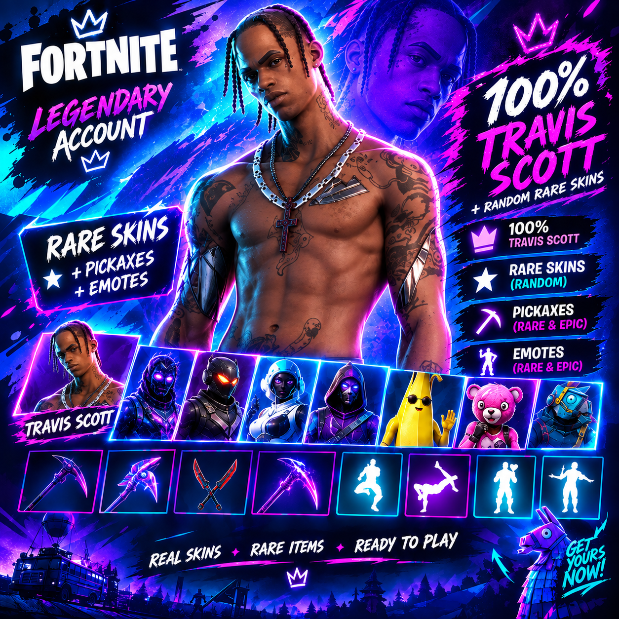 Fortnite Account With 100% Travis Scott + Random Rare and OG Skins, Pickaxes, Emotes.