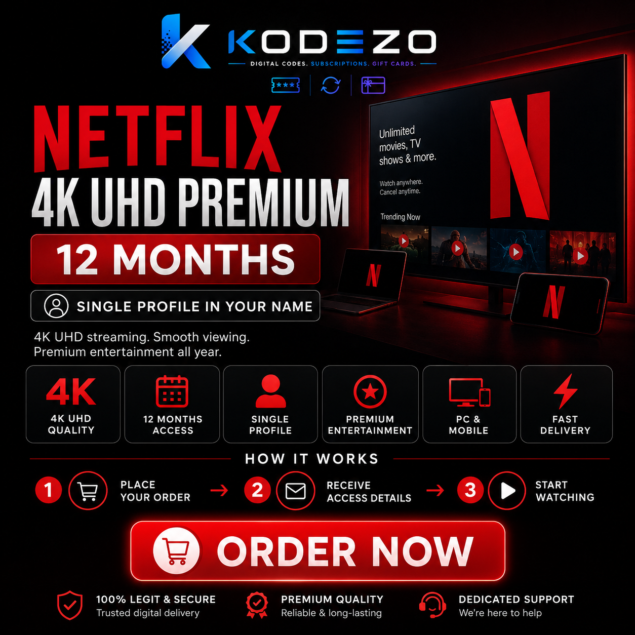 Netflix 4K UHD Premium Account – 12 Months – Single Profile in Your Name