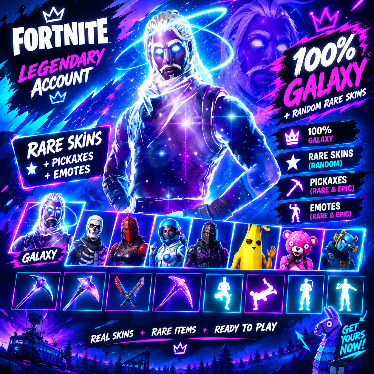 Fortnite Account With 100% Galaxy + Random Rare Skins, Pickaxes, Emotes.