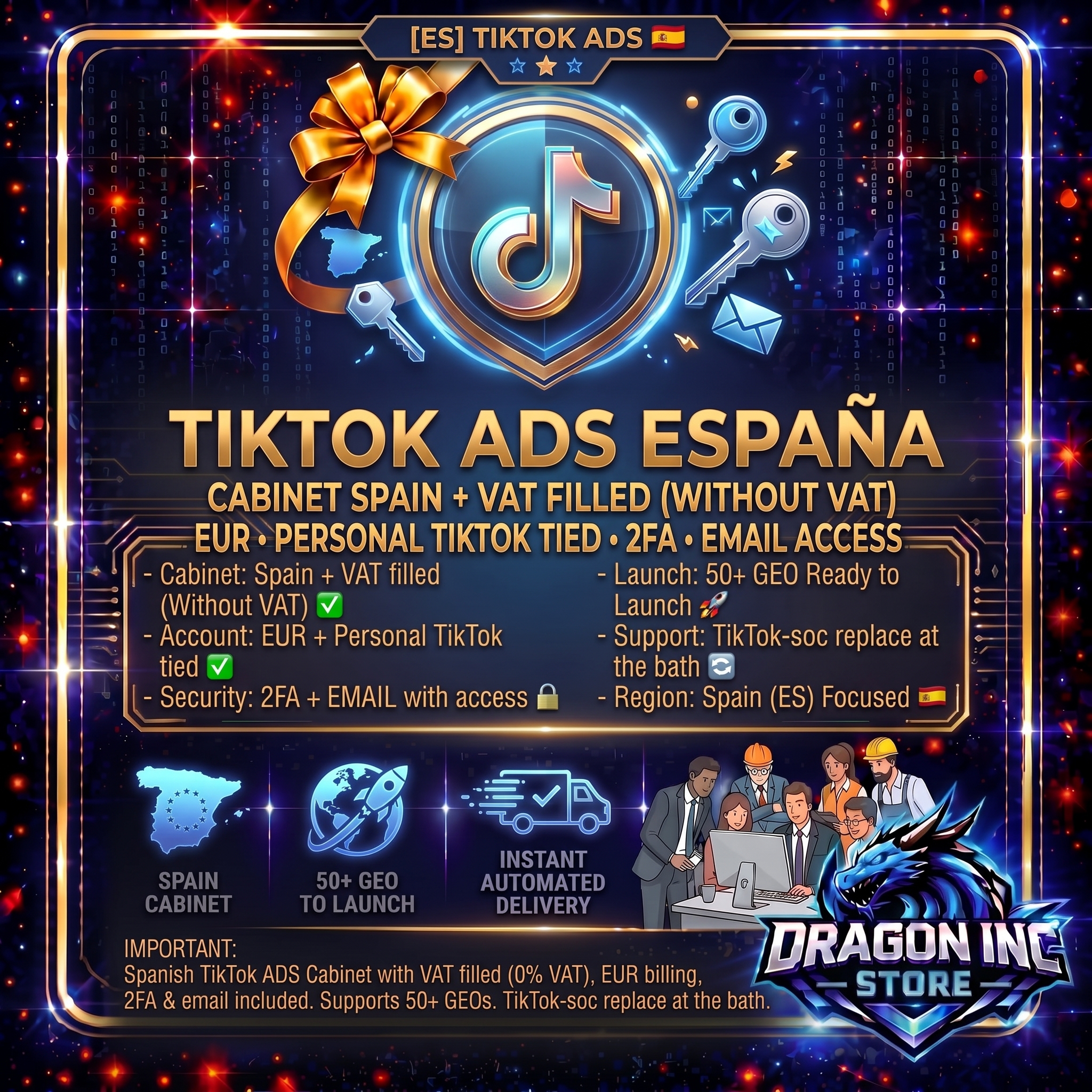 [ES] TikTok ADS 🇪🇸 ✅ Cabinet Spain + VAT filled (WITHOUT VAT) + EUR + Personal TikTok tied + 2FA
