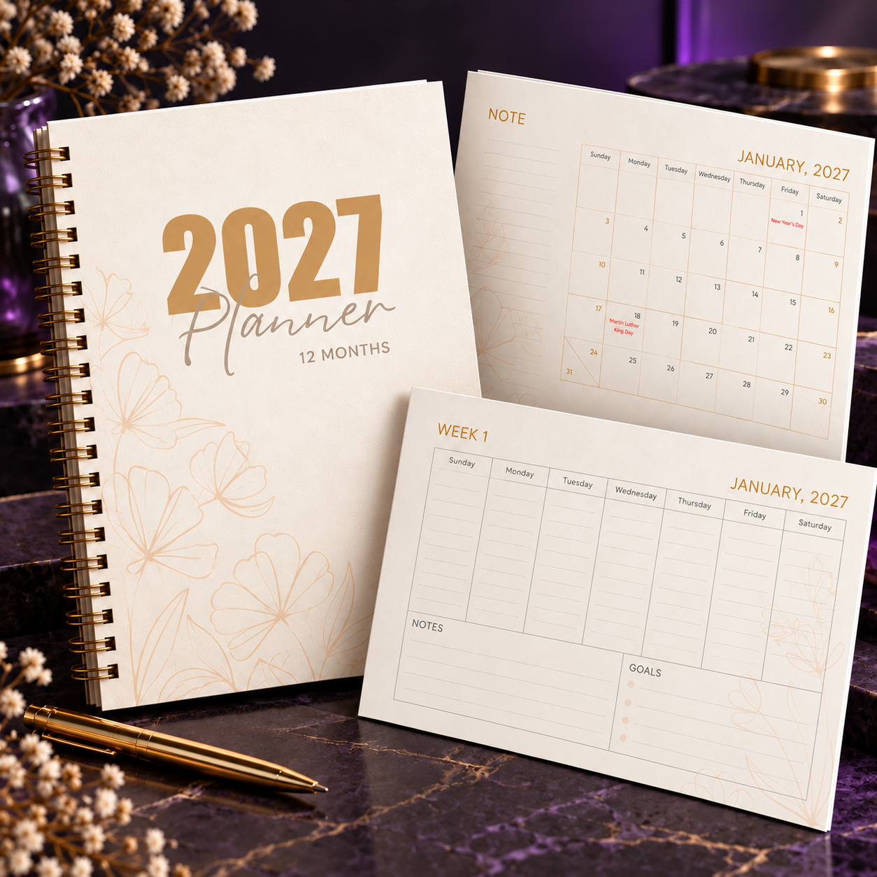 12-Month Calendar, Weekly Organizer & Notes– 2027 Digital Planner