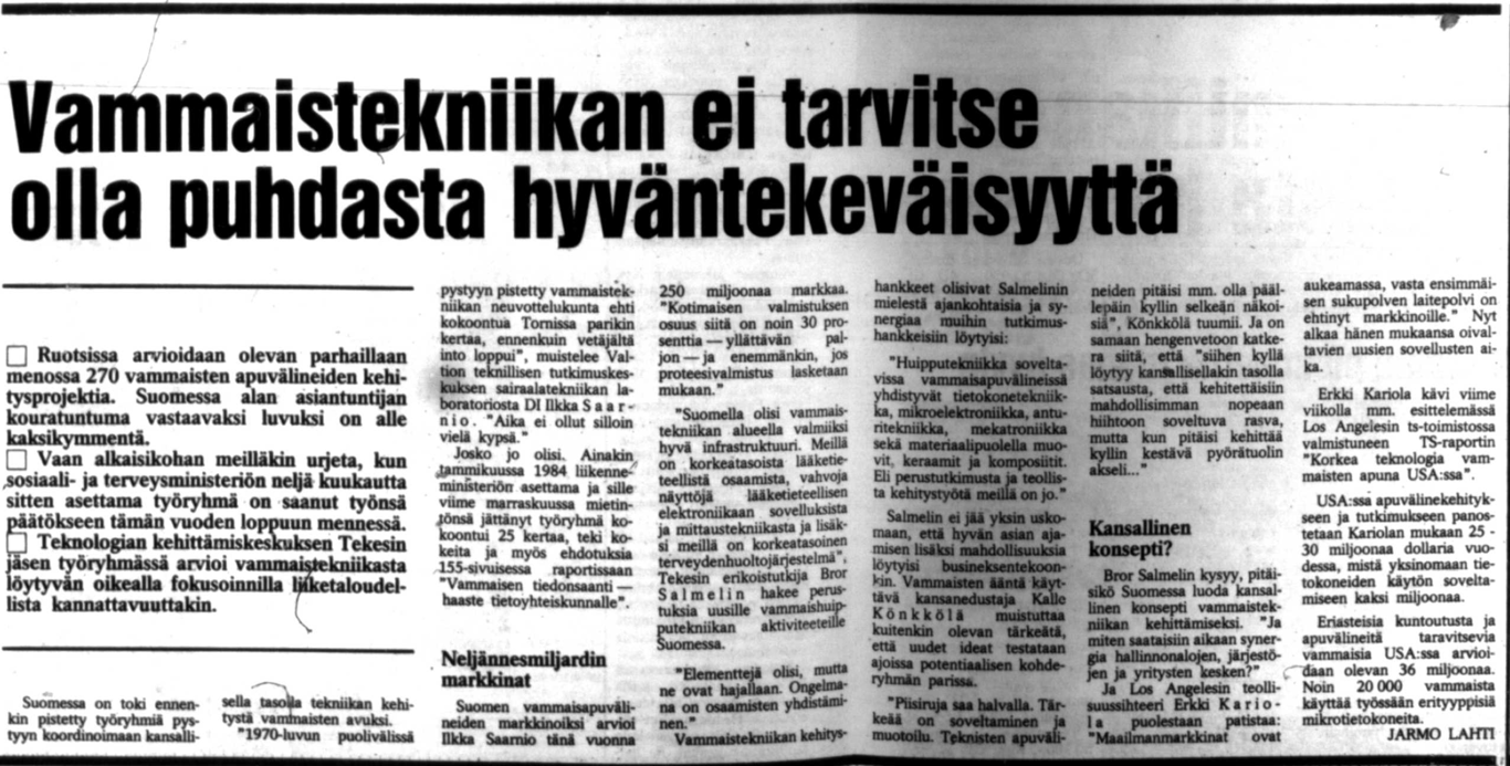 Vammaisia auttavan HighTechin markkinalupauksia Insinööriuutisissa 26.2.1986