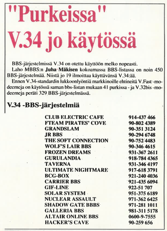 V.34-jutun "kainalo" lnfoLinja 1/1995:ssä listasi BBS-referenssejä