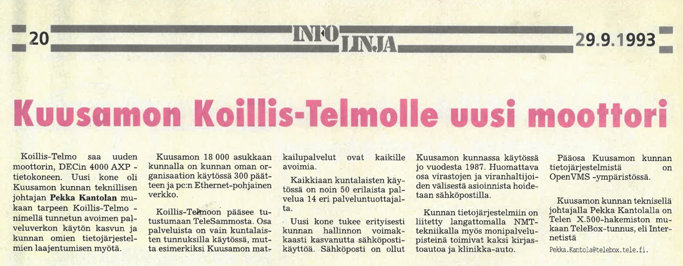 Uutinen 29.9.1993 ilmestyneen ensimmäisen InfoLinja-lehden takasivulta