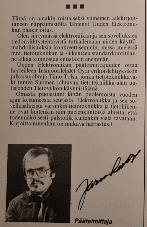 Uusi Elektroniikka, pääkirjoituksen loppu 17.10.1988.