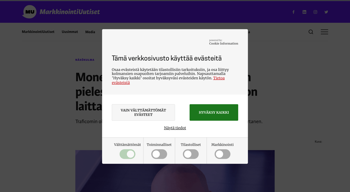 Tällä sivulla ei pääse evästeitä hyväksymättä lainkaan eteenpäin