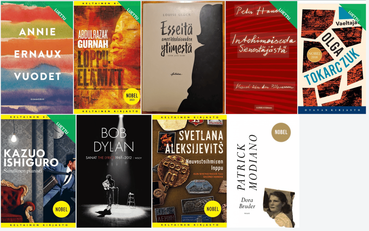 Luettujen Nobel-kirjailijoiden kirjojen kansikuvat löytyvät Flickr-albumista