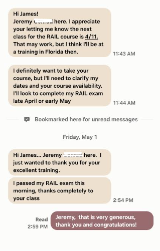 Text message from a student praising the workshop