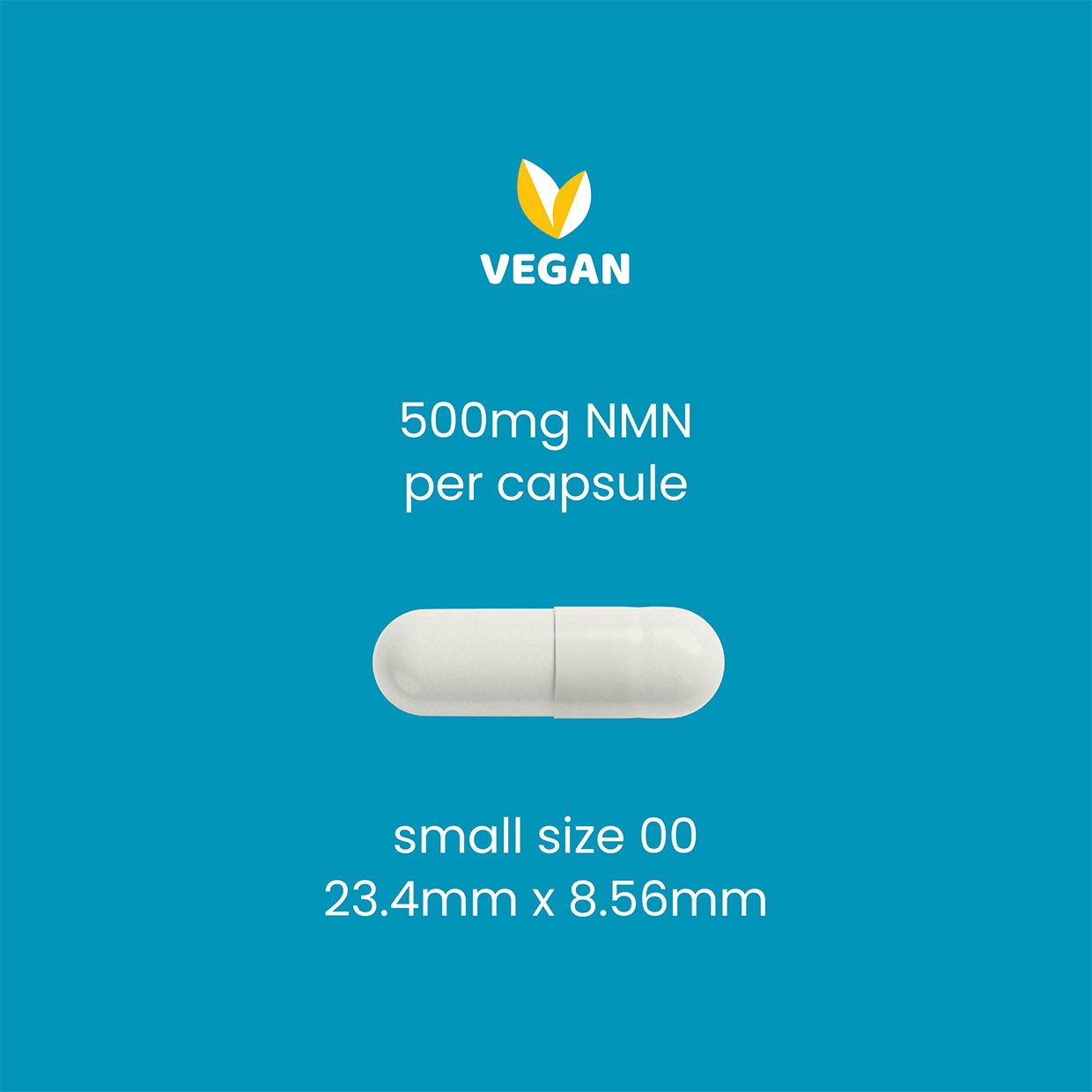 Wonderfeel 500 mg NMN capsule, size 00, dimensions 23.4mm x 8.56mm