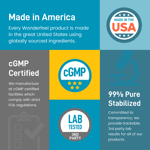 Infographic on Wonderfeel products: Made in USA, cGMP Certified, 99% Pure, Lab Tested