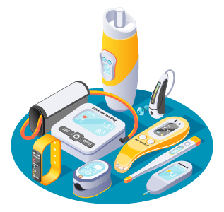 Illustration of health monitoring trackers and tests