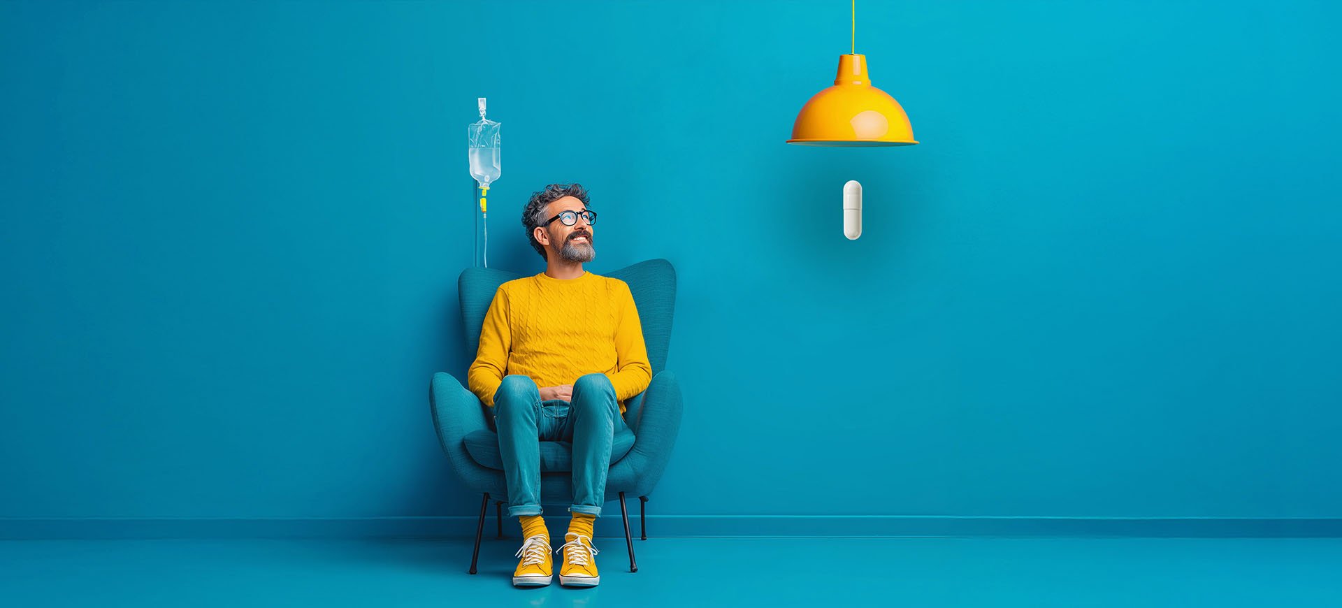 Man in yellow sweater sitting with IV drip, looking at a capsule under a lamp