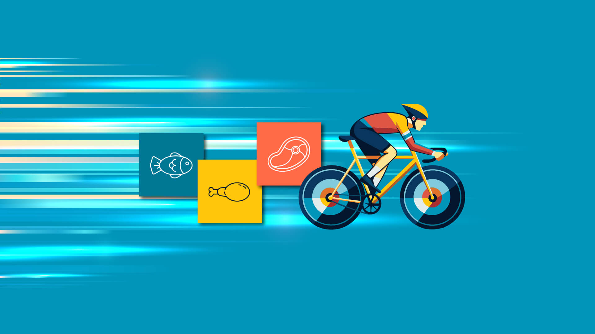 Cyclist speeding forward with icons of fish, meat, and chicken symbolizing creatine sources
