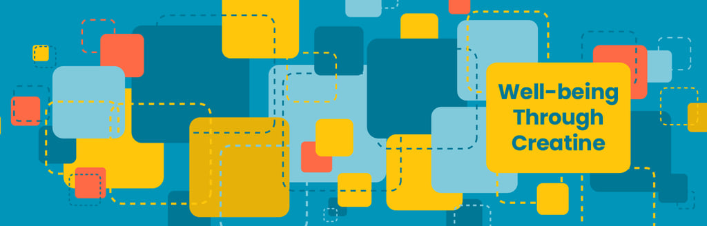Graphic with colorful overlapping squares reading “Well-being Through Creatine”
