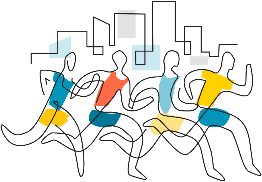 Line art of runners in colorful athletic outfits with city buildings in the background