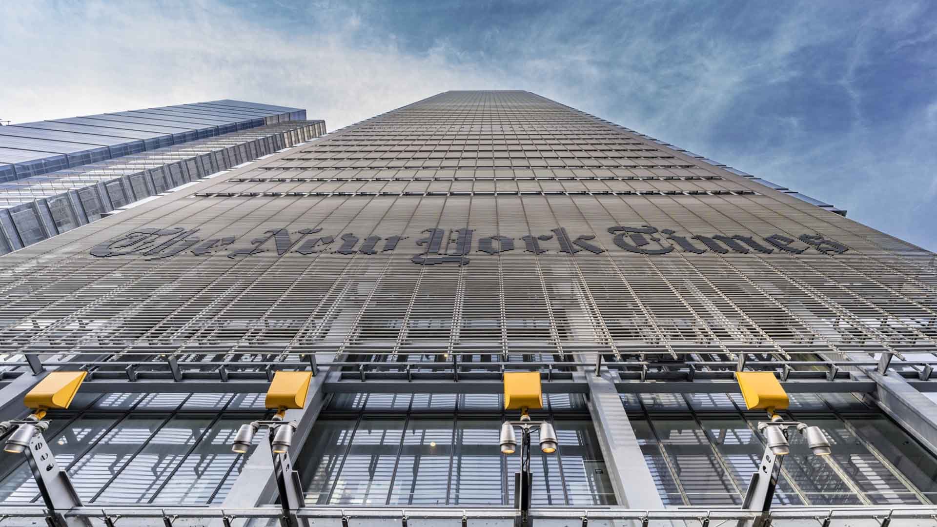 Upward view of the New York Times building facade