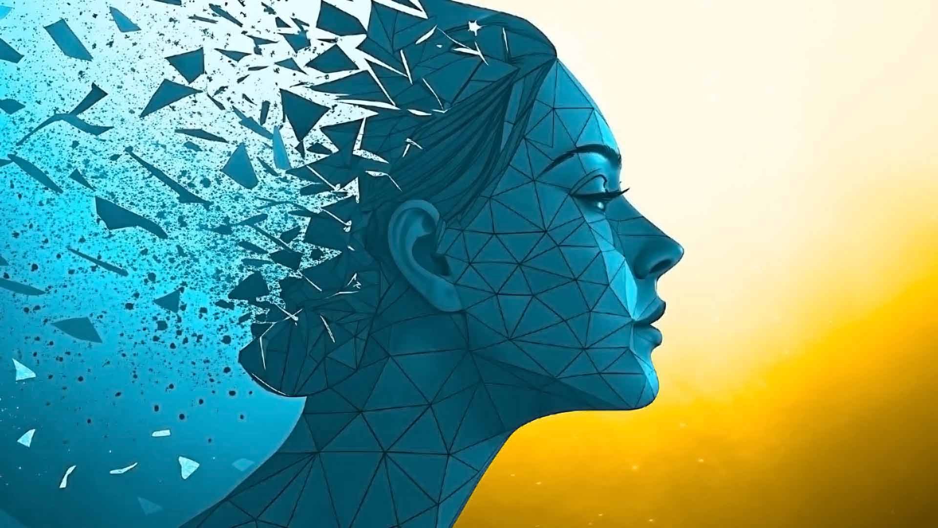 Illustration of a human head breaking into fragments to represent aging and cell damage