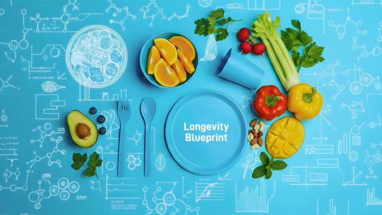 Flat lay of a plant-based meal with fruits, vegetables, and a plate labeled “Longevity Blueprint” on a blue background