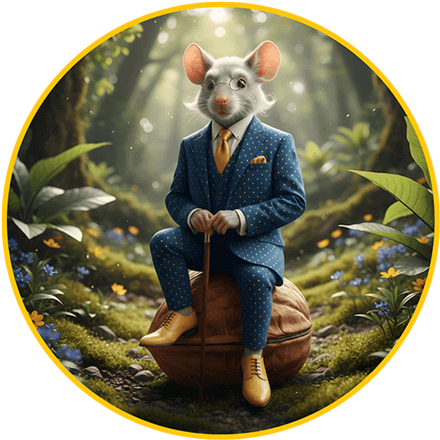 Illustrated mouse in a suit sitting in a forest, symbolizing longevity and aging research