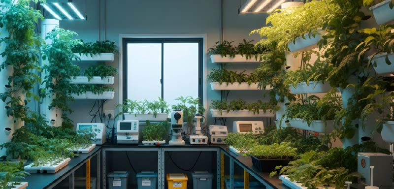 Indoor laboratory with plants growing under lights, representing nutrition and longevity research
