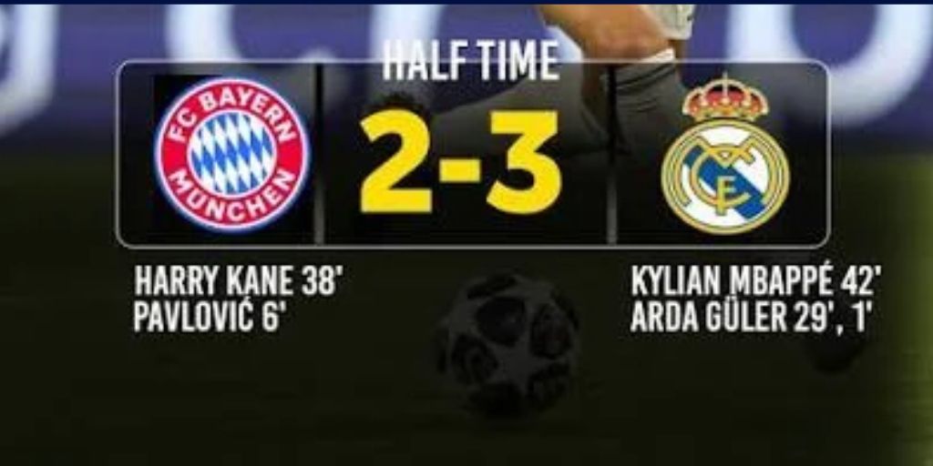 A screenshot showing the halftime score of the Bayern Munich vs Real Madrid quarterfinal game. Score - 2:3