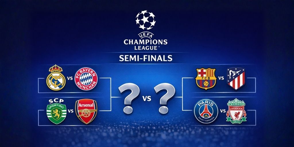 UEFA Champions League quarter-final draw bracket showing all eight teams