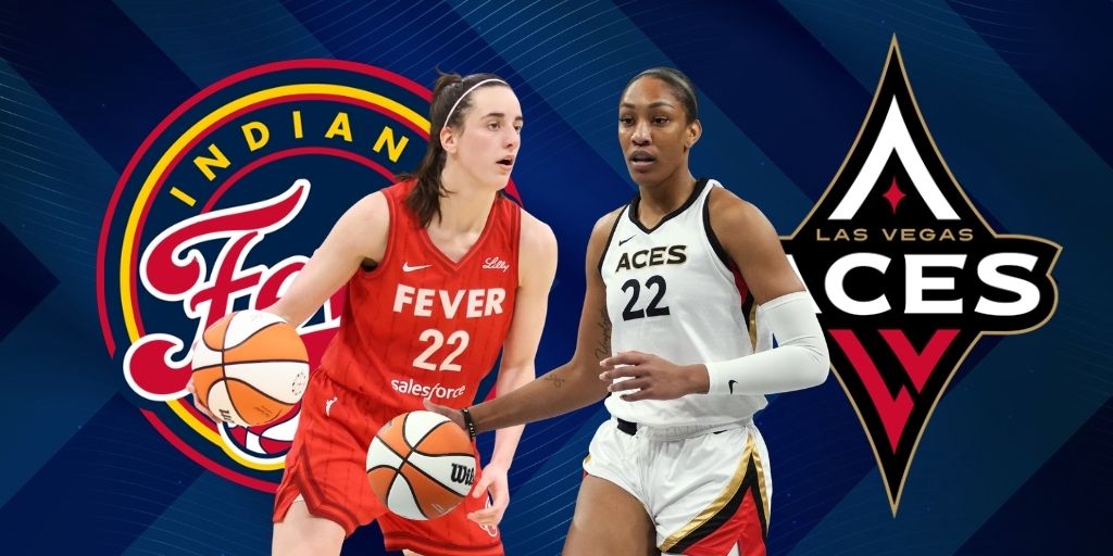 Caitlin Clark of the Indiana Fever dribbles beside A’ja Wilson of the Las Vegas Aces with both team logos displayed in the background.