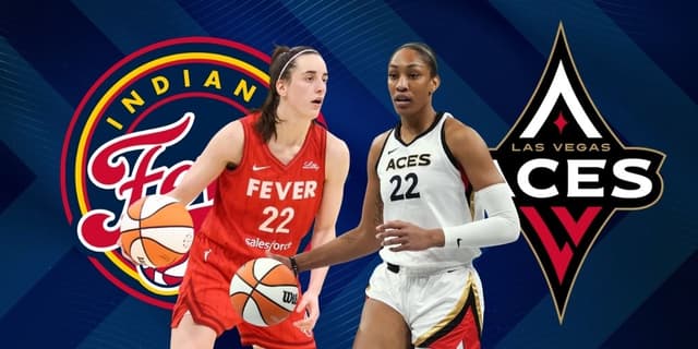 Caitlin Clark of the Indiana Fever dribbles beside A’ja Wilson of the Las Vegas Aces with both team logos displayed in the background.