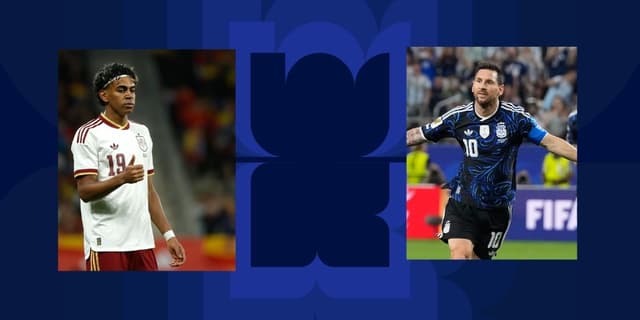Lamine Yamal and Lionel Messi on a poster ahead of the 2026 World Cup Final