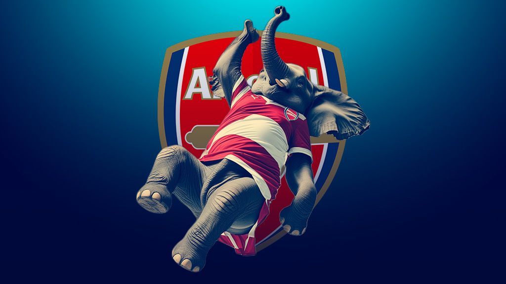 A representation of an Elephant wearing the Arsenal jersey falling from an unseen tree with the Arsenal logo in the background