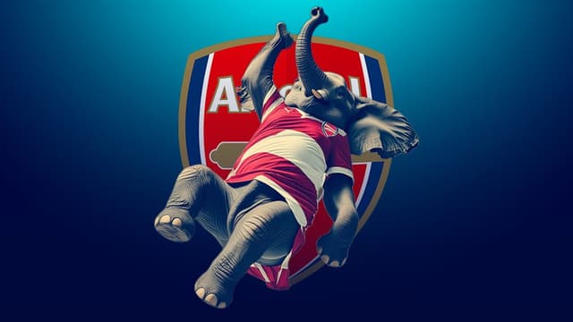 A representation of an Elephant wearing the Arsenal jersey falling from an unseen tree with the Arsenal logo in the background
