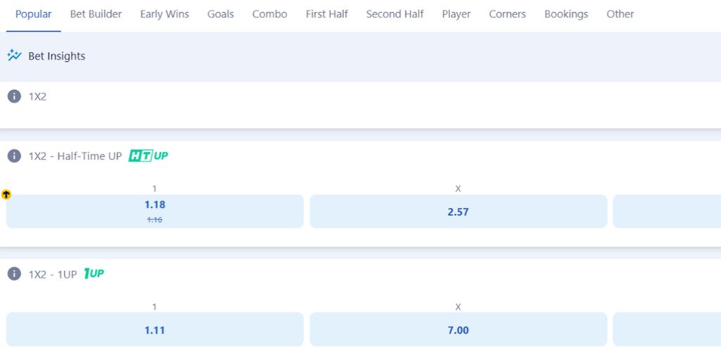 A screenshot showing 1Up and HTUp betting options