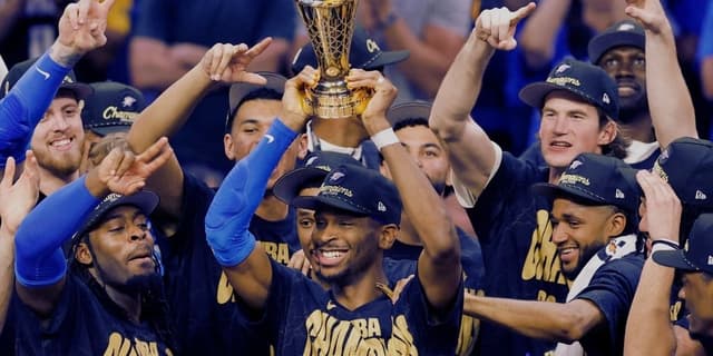 Shai Gilgeous and the OKC Thunder celebrating the 2024/2025 NBA Finals Win