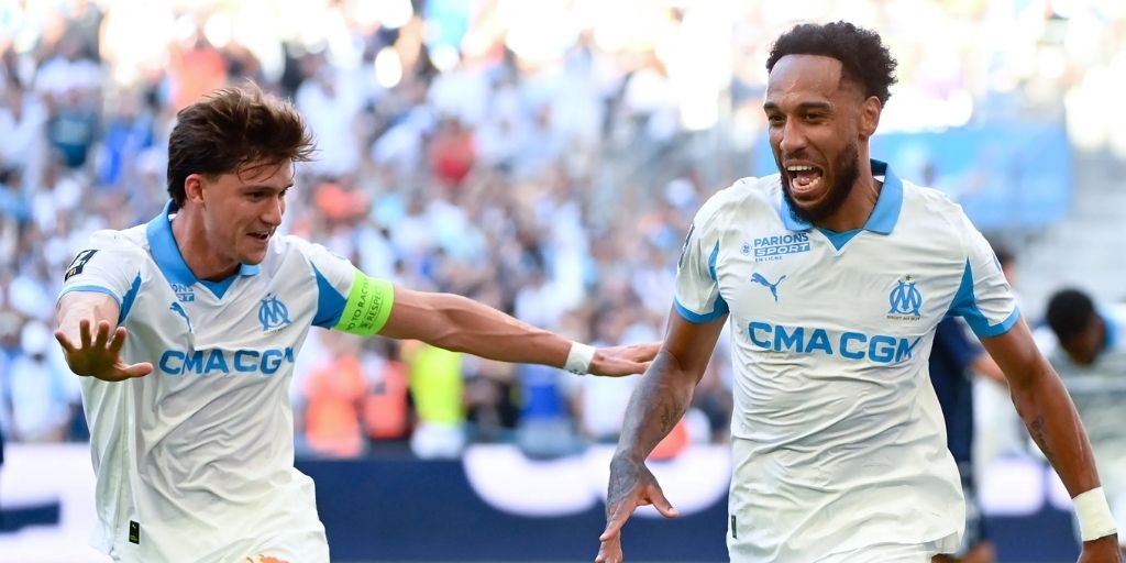 Aubameyang celebrating for Marseille in a Ligue 1 match